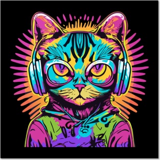 t-shirt design, colorful cat with headphones on, graffiti art psychedelic art, black background, synthwave, colorful Posters and Art